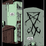 A comics page showing an open refrigerator full of rotting food on the left, and an altar on the right with a bloody sigil written on the wall above.