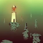 A painting of rocks peaking through green fog, with one having a lighthouse on it