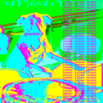 A photo of a dog at a drumset, with colors separated and highly saturated. Text runs down the right side of the image